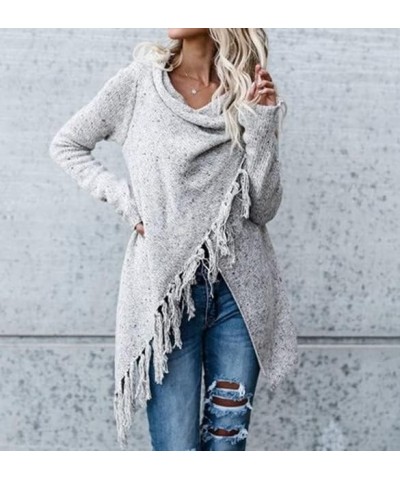 Women's Open Front Knited Tassels Slash Loose Cardigan Crew Neck Speckled Fringe Sweater Outwear Light Grey $17.26 Sweaters