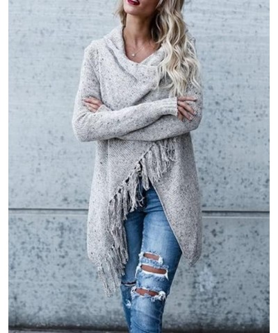 Women's Open Front Knited Tassels Slash Loose Cardigan Crew Neck Speckled Fringe Sweater Outwear Light Grey $17.26 Sweaters