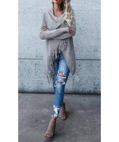 Women's Open Front Knited Tassels Slash Loose Cardigan Crew Neck Speckled Fringe Sweater Outwear Light Grey $17.26 Sweaters