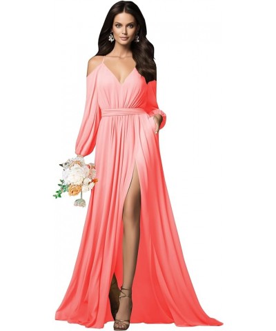 Long Sleeve Bridesmaid Dresses Chiffon V Neck Spaghetti Straps Ruched A-line Prom Dress with Slit Pockets Coral $31.89 Dresses