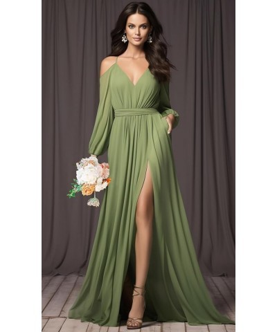 Long Sleeve Bridesmaid Dresses Chiffon V Neck Spaghetti Straps Ruched A-line Prom Dress with Slit Pockets Coral $31.89 Dresses