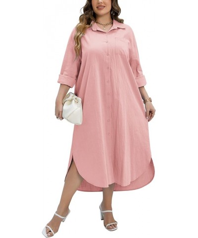 Women Plus Size Cotton Linen Shirt Dress Casual Loose Long Sleeve Button Down Maxi Dress Split Shirt Dresses Light Pink $20.8...