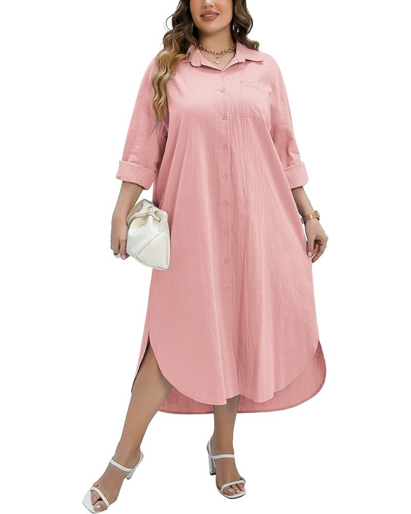 Women Plus Size Cotton Linen Shirt Dress Casual Loose Long Sleeve Button Down Maxi Dress Split Shirt Dresses Light Pink $20.8...