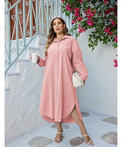 Women Plus Size Cotton Linen Shirt Dress Casual Loose Long Sleeve Button Down Maxi Dress Split Shirt Dresses Light Pink $20.8...