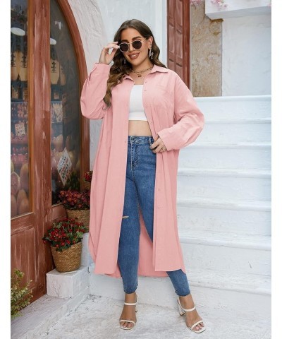 Women Plus Size Cotton Linen Shirt Dress Casual Loose Long Sleeve Button Down Maxi Dress Split Shirt Dresses Light Pink $20.8...