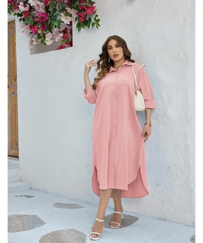 Women Plus Size Cotton Linen Shirt Dress Casual Loose Long Sleeve Button Down Maxi Dress Split Shirt Dresses Light Pink $20.8...