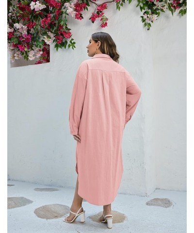 Women Plus Size Cotton Linen Shirt Dress Casual Loose Long Sleeve Button Down Maxi Dress Split Shirt Dresses Light Pink $20.8...