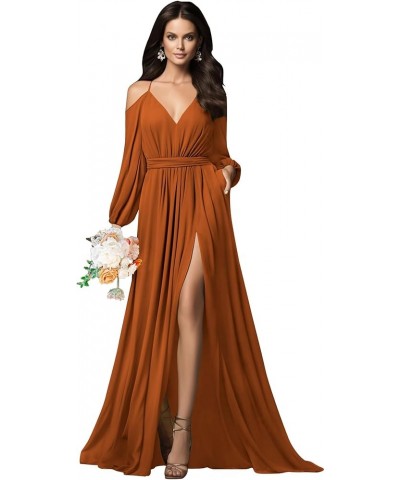 Long Sleeve Bridesmaid Dresses Chiffon V Neck Spaghetti Straps Ruched A-line Prom Dress with Slit Pockets Coral $31.89 Dresses