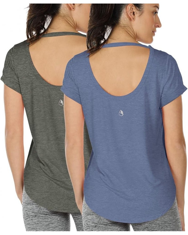 Open Back Yoga Shirts for Women - Exercise Workout Tops, Athletic Short Sleeves, Running T-Shirts Loose Fit Charcoal/Denim $1...