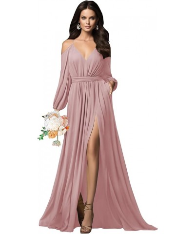 Long Sleeve Bridesmaid Dresses Chiffon V Neck Spaghetti Straps Ruched A-line Prom Dress with Slit Pockets Coral $31.89 Dresses