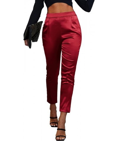 Women's Satin Pants Dress Casual Pleated Pull on High Waist Pants with Pockets Drape Redrose $16.80 Pants