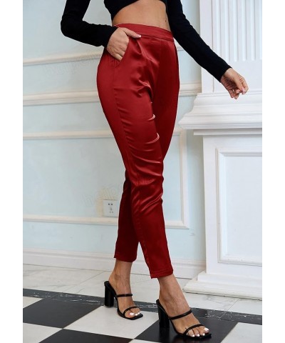 Women's Satin Pants Dress Casual Pleated Pull on High Waist Pants with Pockets Drape Redrose $16.80 Pants