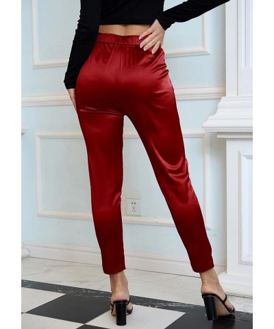 Women's Satin Pants Dress Casual Pleated Pull on High Waist Pants with Pockets Drape Redrose $16.80 Pants