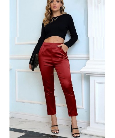 Women's Satin Pants Dress Casual Pleated Pull on High Waist Pants with Pockets Drape Redrose $16.80 Pants