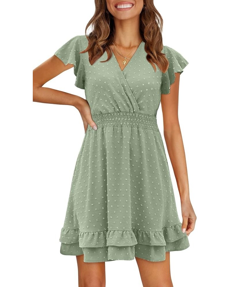 Womens Summer Dresses Wrap V-Neck Ruffle Sleeve Swiss Dot Casual Mini Dress 1 Light Green $16.80 Dresses