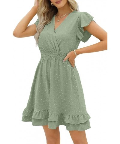 Womens Summer Dresses Wrap V-Neck Ruffle Sleeve Swiss Dot Casual Mini Dress 1 Light Green $16.80 Dresses