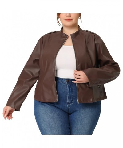 Plus Size Jacket for Women Faux Leather Moto Biker Coats Zip Up Halloween Jackets Brown $21.47 Coats