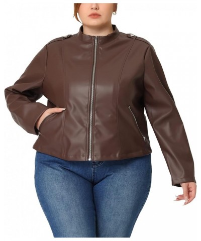 Plus Size Jacket for Women Faux Leather Moto Biker Coats Zip Up Halloween Jackets Brown $21.47 Coats