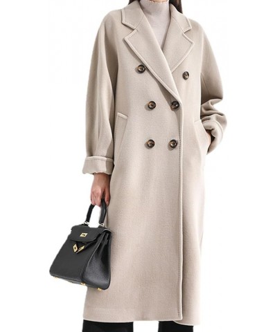 Women's Double-Sided Cashmere Coat Elegant Lapel Collar Double-Breasted Winter Long Overcoat with Belt Beige $35.17 Coats