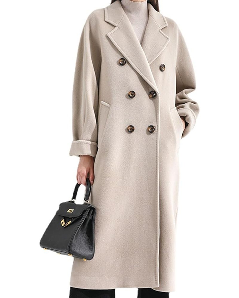 Women's Double-Sided Cashmere Coat Elegant Lapel Collar Double-Breasted Winter Long Overcoat with Belt Beige $35.17 Coats