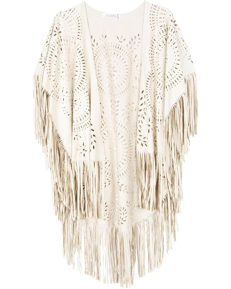 Women's Suedette Cut Out Asymmetric Fringed Cape Kimono Blue Blouse with Tassel White $17.22 Blouses