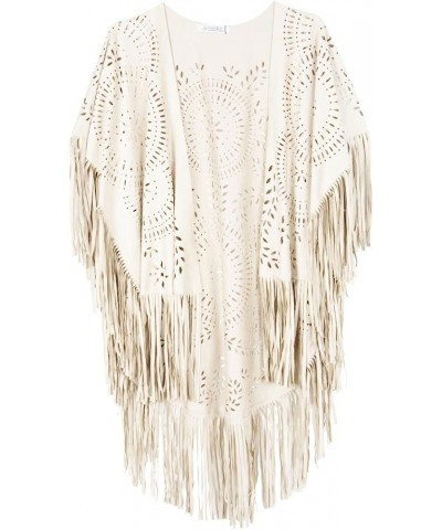 Women's Suedette Cut Out Asymmetric Fringed Cape Kimono Blue Blouse with Tassel White $17.22 Blouses