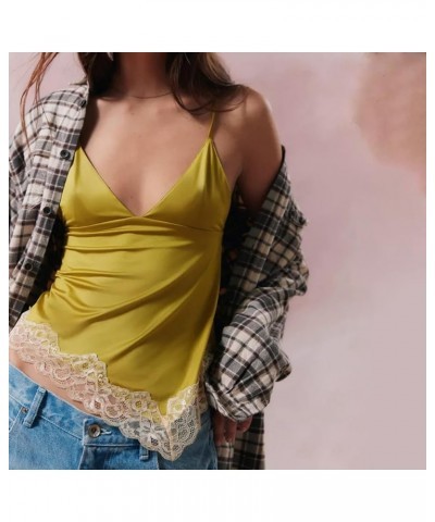 Y2k Going Out Tops Women Sexy Sleeveless Backless Mesh Sheer Crop Lace Camisole Square Neck Low Cut Tank Streetwear Lemon Yel...