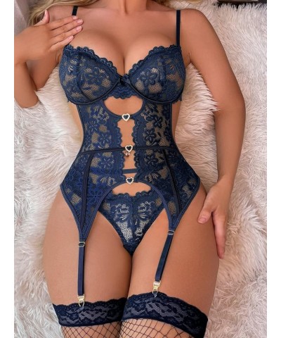 Women's Floral Lace Mesh Lingerie Set Teddy Babydoll Bodysuit with Garter Belts Panty Navy Blue $10.50 Lingerie