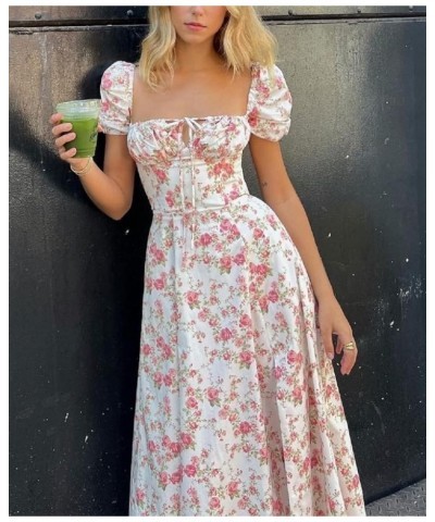 Women Y2k Boho Maxi Dress Square Collar Backless Floral Split Corset Dress Cottagecore Sleeveless Low Cut Sundress U-pink $17...