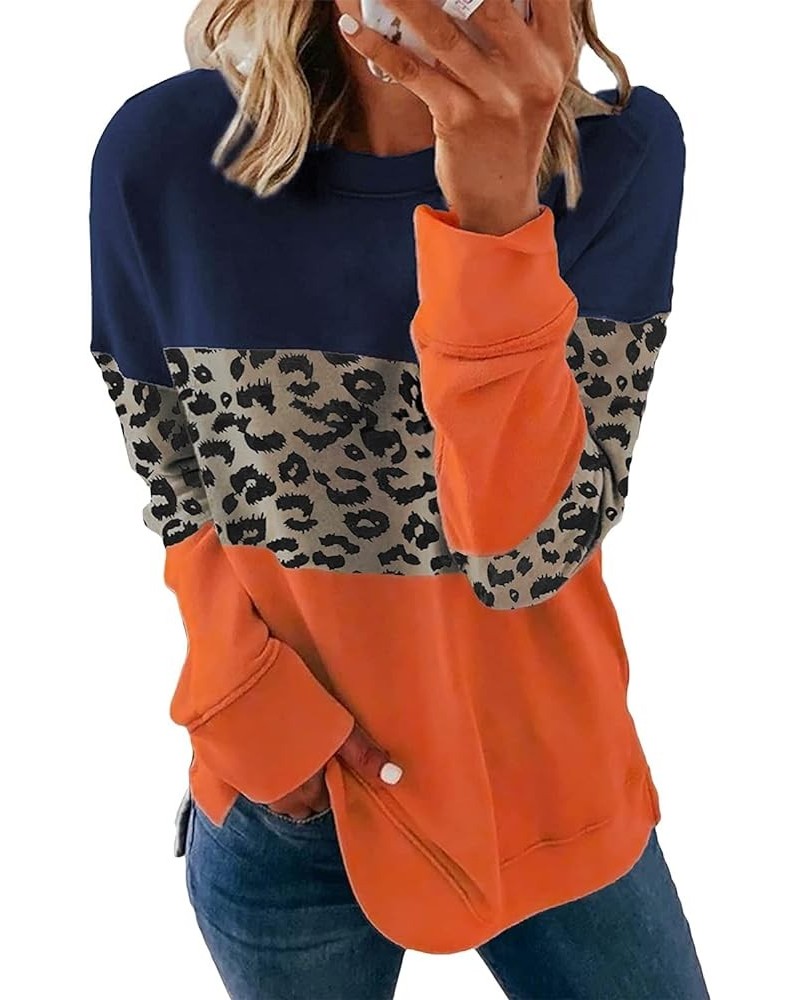 Women Crewneck Pullover Sweatshirt Casual Fall Fashion Color Block Loose Long Sleeve Tops Plain Sweatshirts A003-leopard Oran...