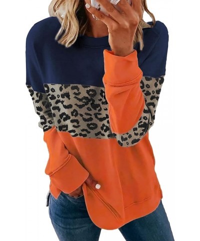 Women Crewneck Pullover Sweatshirt Casual Fall Fashion Color Block Loose Long Sleeve Tops Plain Sweatshirts A003-leopard Oran...