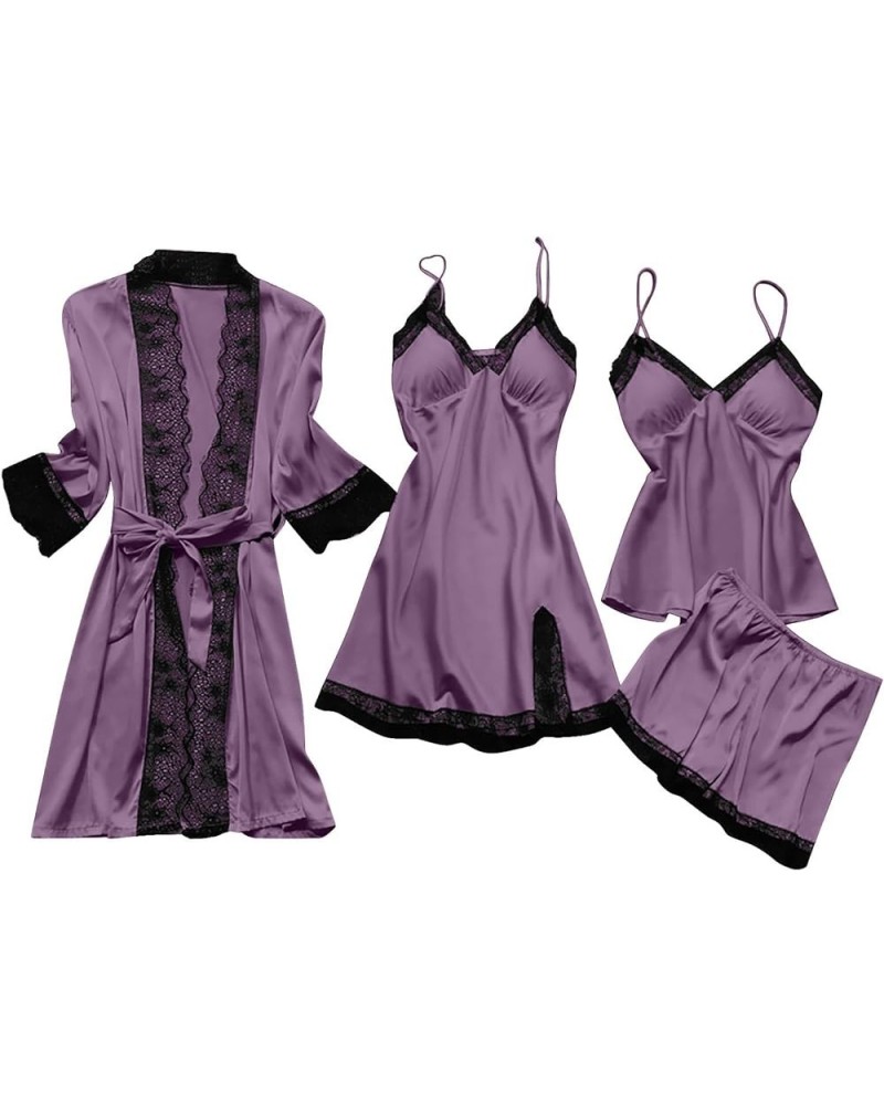 Women's Satin Pajama Set 4PCS Floral Lace Trim Sleepwear Soft Comfy Lingerie Underwear Sexy Nightgown with Robes 02-purple $9...