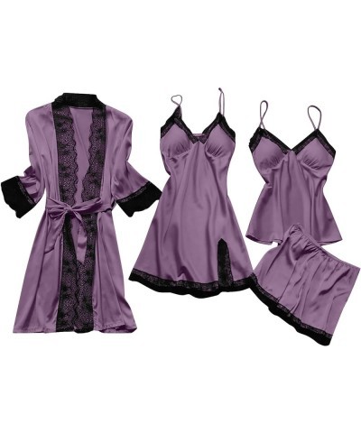 Women's Satin Pajama Set 4PCS Floral Lace Trim Sleepwear Soft Comfy Lingerie Underwear Sexy Nightgown with Robes 02-purple $9...