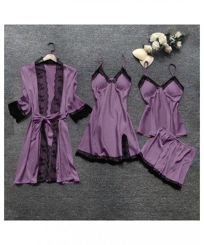 Women's Satin Pajama Set 4PCS Floral Lace Trim Sleepwear Soft Comfy Lingerie Underwear Sexy Nightgown with Robes 02-purple $9...