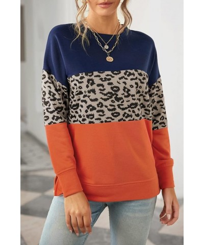 Women Crewneck Pullover Sweatshirt Casual Fall Fashion Color Block Loose Long Sleeve Tops Plain Sweatshirts A003-leopard Oran...