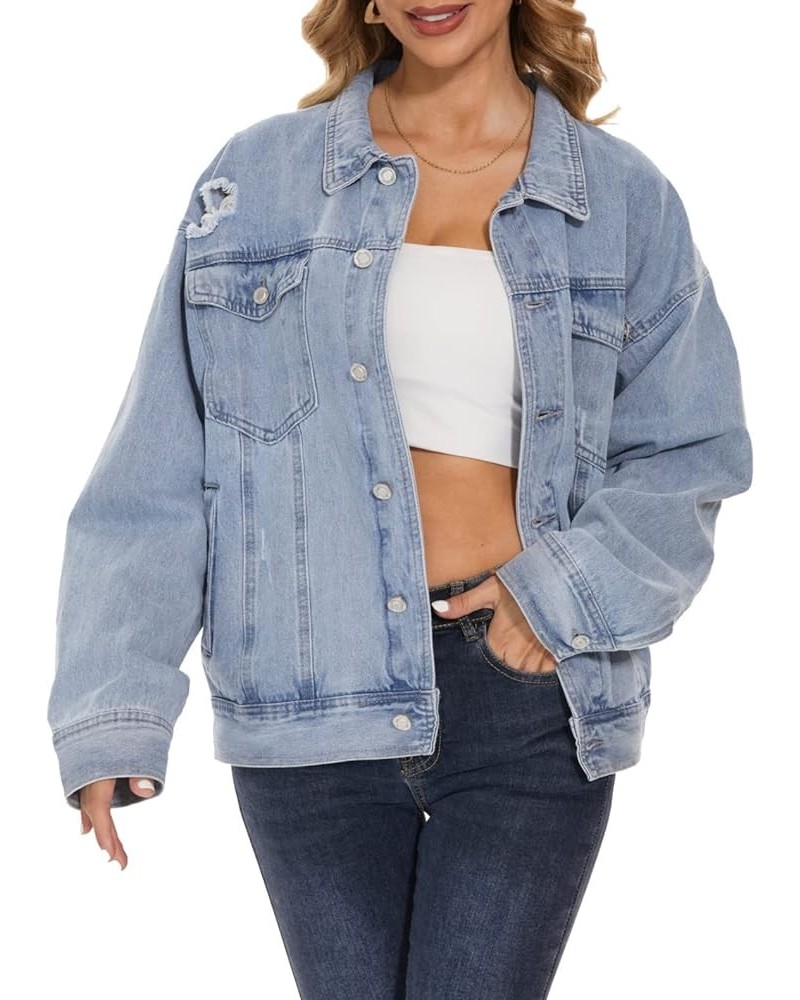 Womens Denim Jacket Long Sleeve Plaid Button Down Shirts Shacket Jacket Boyfriend Distresse Jean B Blue $19.24 Jackets