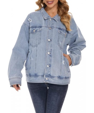 Womens Denim Jacket Long Sleeve Plaid Button Down Shirts Shacket Jacket Boyfriend Distresse Jean B Blue $19.24 Jackets