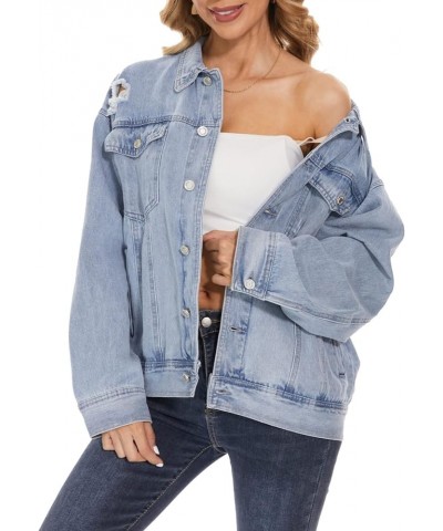 Womens Denim Jacket Long Sleeve Plaid Button Down Shirts Shacket Jacket Boyfriend Distresse Jean B Blue $19.24 Jackets