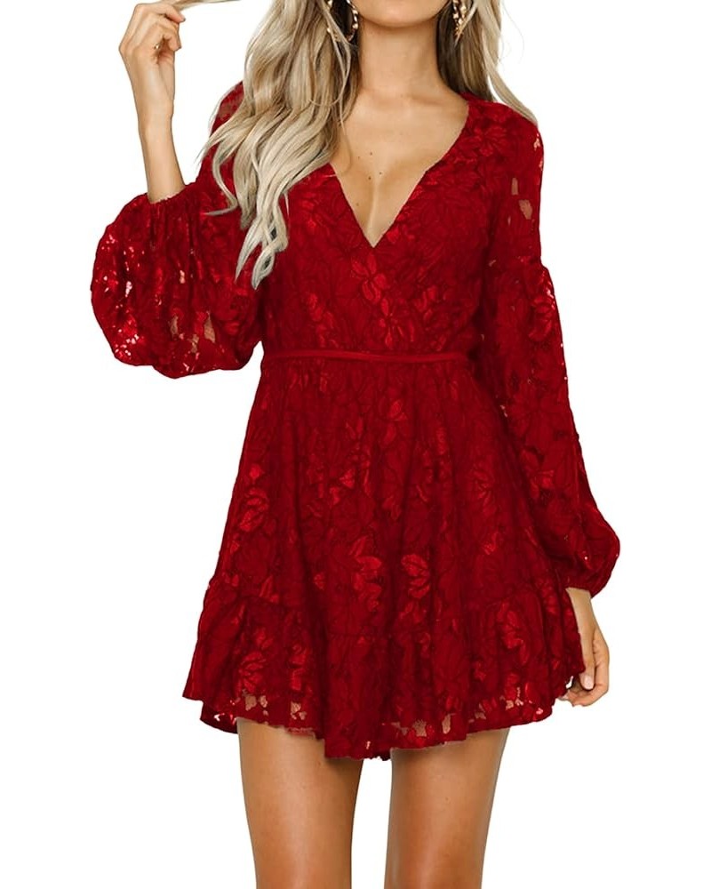 Women's Floral Lace V Neck Tie Back Long Sleeve Flowy A Line Mini Dress Burgundy $26.87 Dresses