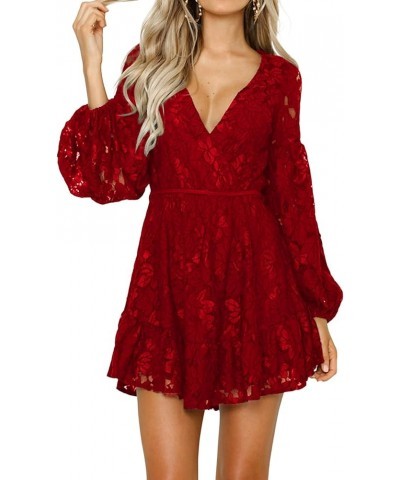 Women's Floral Lace V Neck Tie Back Long Sleeve Flowy A Line Mini Dress Burgundy $26.87 Dresses