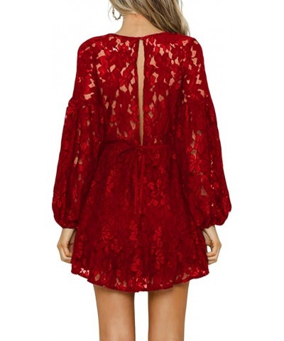 Women's Floral Lace V Neck Tie Back Long Sleeve Flowy A Line Mini Dress Burgundy $26.87 Dresses