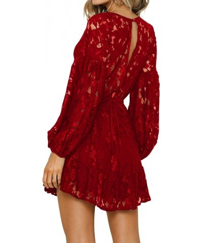 Women's Floral Lace V Neck Tie Back Long Sleeve Flowy A Line Mini Dress Burgundy $26.87 Dresses