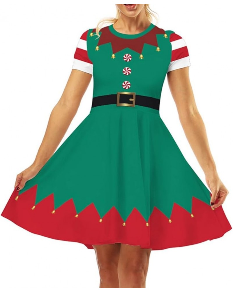 Women's 3D Print Short Sleeve Unique Casual Flared Midi Dress Xmas Elf Bells $9.50 Dresses