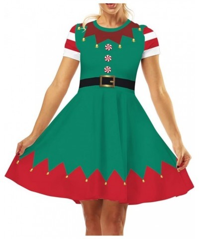 Women's 3D Print Short Sleeve Unique Casual Flared Midi Dress Xmas Elf Bells $9.50 Dresses