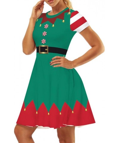 Women's 3D Print Short Sleeve Unique Casual Flared Midi Dress Xmas Elf Bells $9.50 Dresses