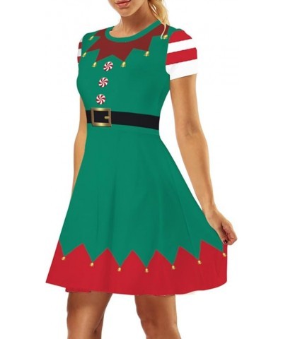 Women's 3D Print Short Sleeve Unique Casual Flared Midi Dress Xmas Elf Bells $9.50 Dresses