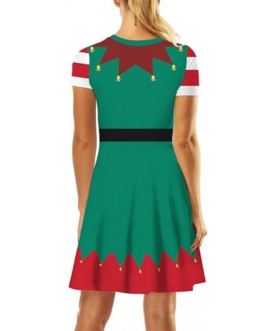 Women's 3D Print Short Sleeve Unique Casual Flared Midi Dress Xmas Elf Bells $9.50 Dresses