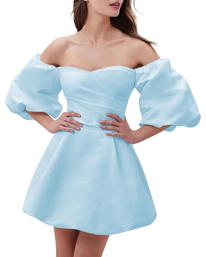 Puff Sleeve Short Wedding Dress Sweetheart Satin Homecoming Dress for Teens Off Shoulder Mini Formal Bridal Gowns Sky Blue $2...