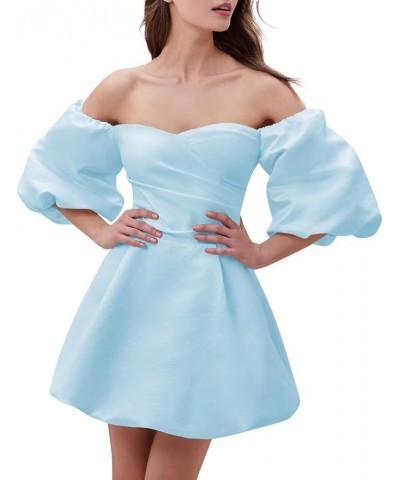 Puff Sleeve Short Wedding Dress Sweetheart Satin Homecoming Dress for Teens Off Shoulder Mini Formal Bridal Gowns Sky Blue $2...