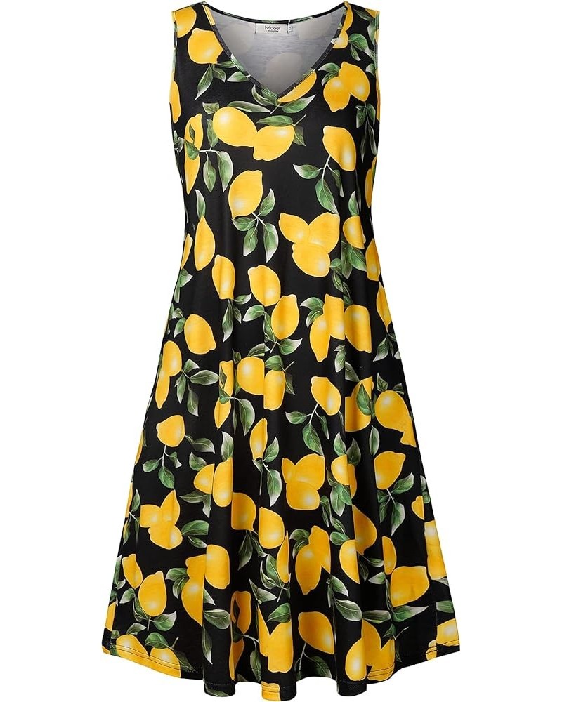 Women's Summer Beach Dresses V-Neck Floral Printed Tank Swing Dress Plus Size with Pocket(L-5XL) Black Lemon $20.05 Dresses